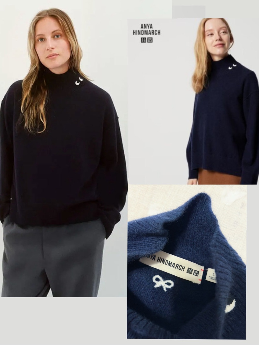 100% Cashmere Anya Hindmarch Uniqlo Navy Sweater with eyes size L